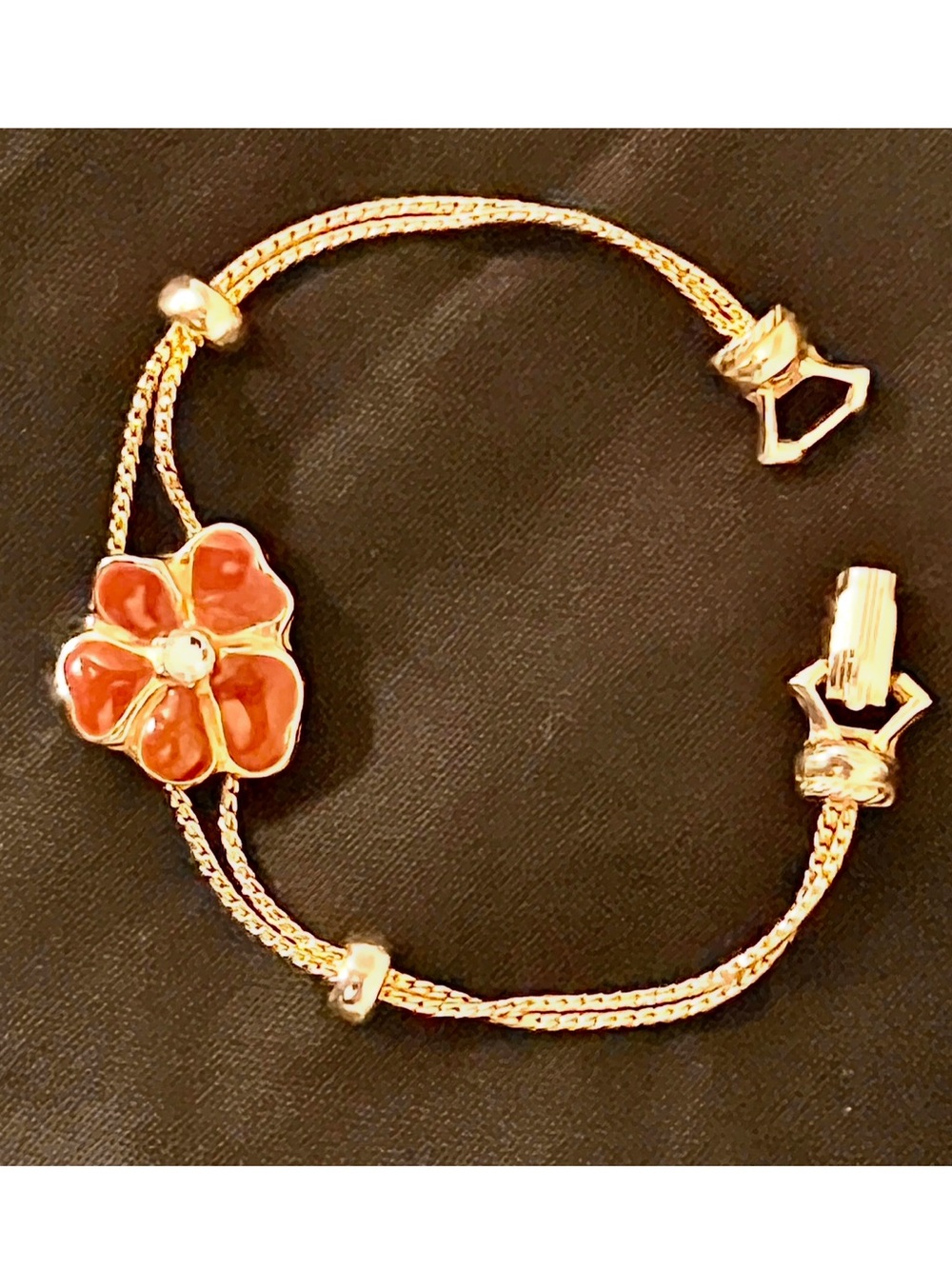 VTG Coro Solid 14K Yellow Gold Slide Charm Bracelet, 7.5", Maroon Enamel Flower
